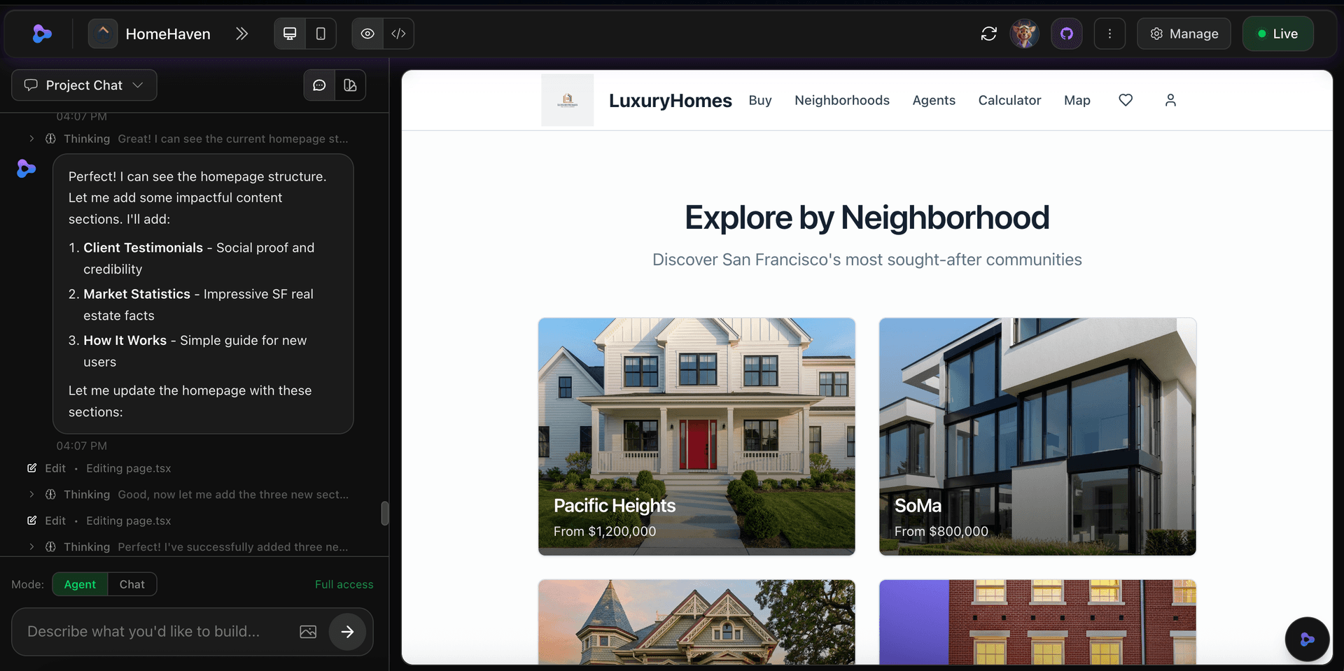 Phoenix AI agent building an app with live preview