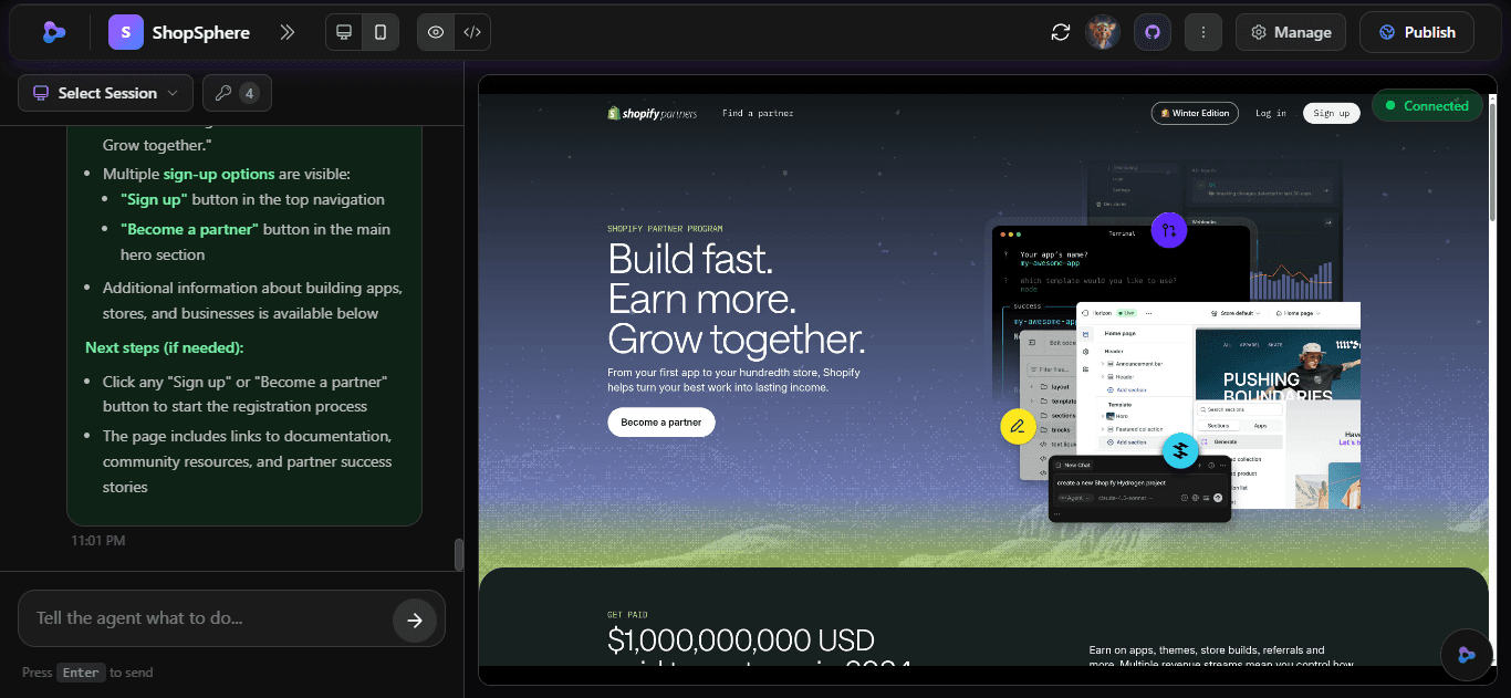 Zylo Agent browsing Shopify to integrate services autonomously