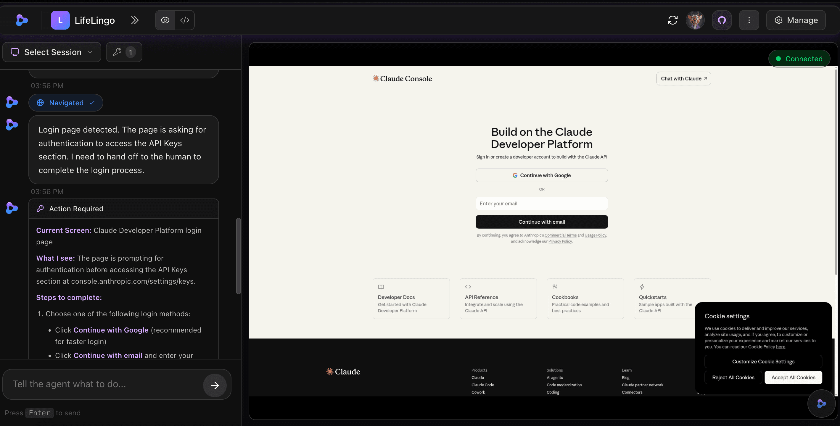 Zylo Agent interacting with a web service through the browser