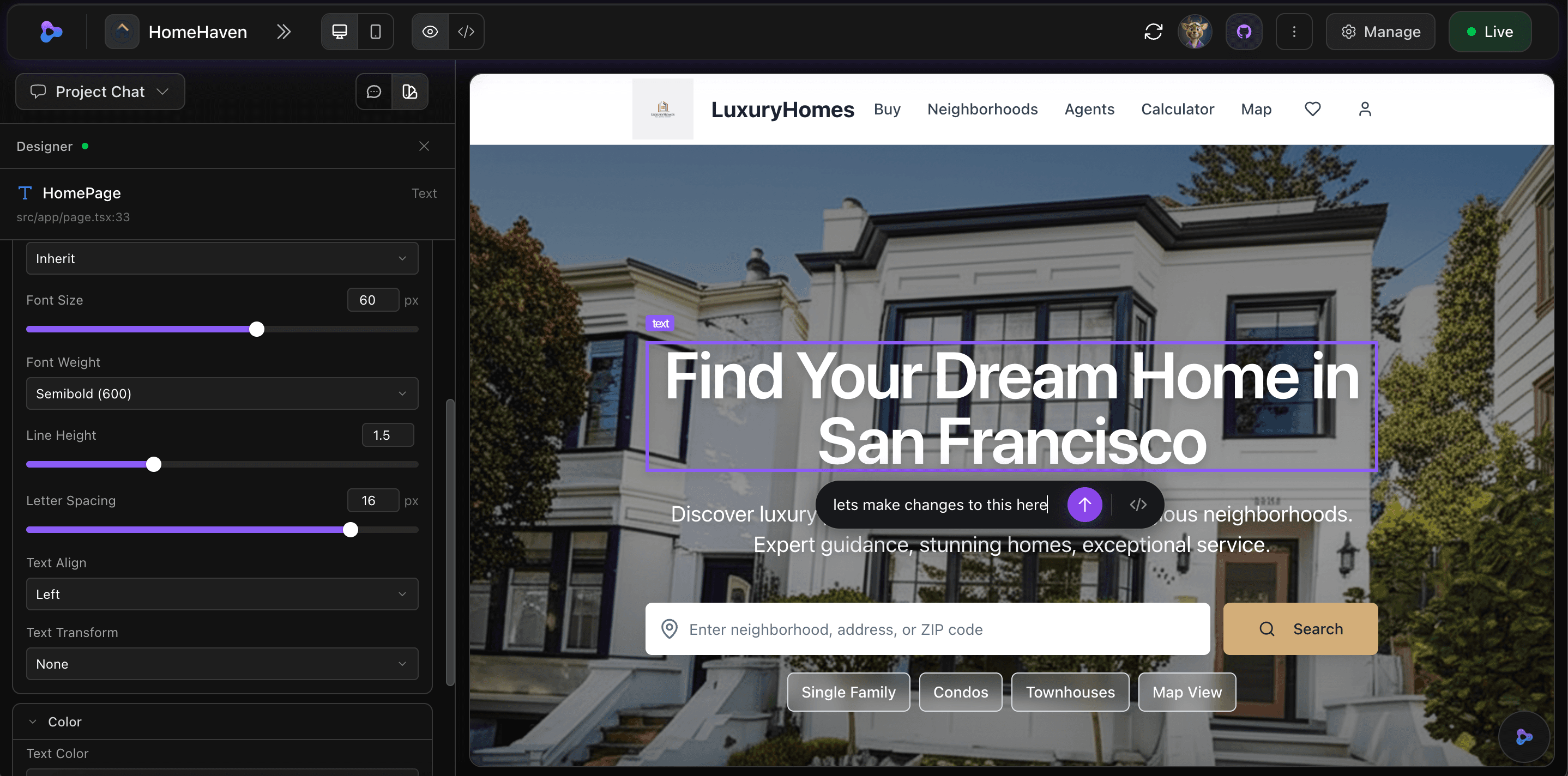 Zylo visual editor — click any element to change typography, spacing, colors, and layout