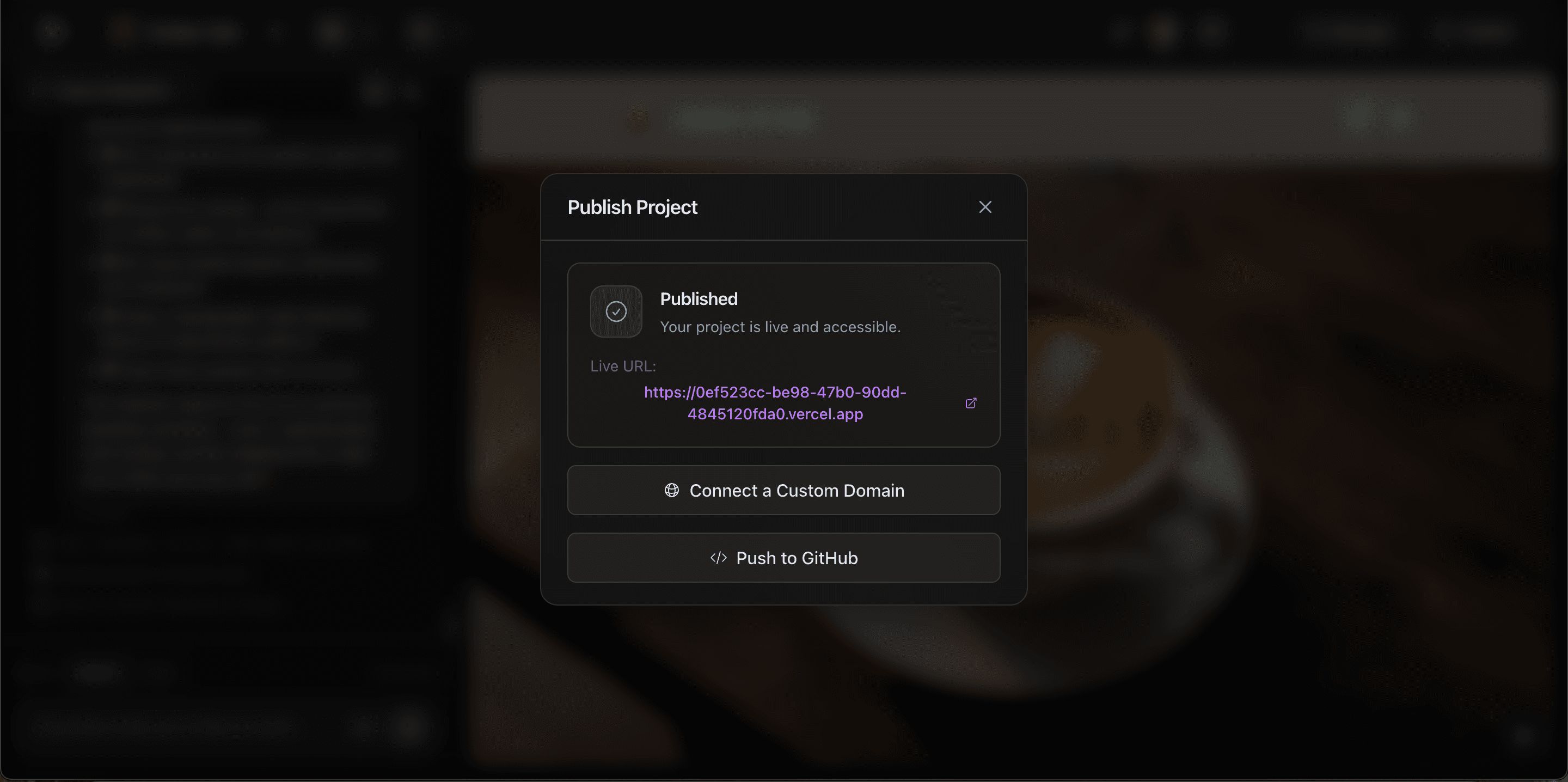 Zylo publish modal — app is live with URL, custom domain connection, and GitHub push