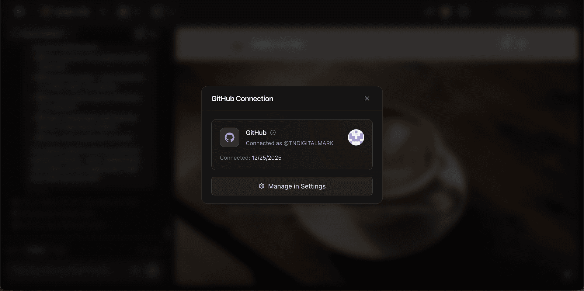 GitHub OAuth connection dialog showing linked GitHub account in Zylo