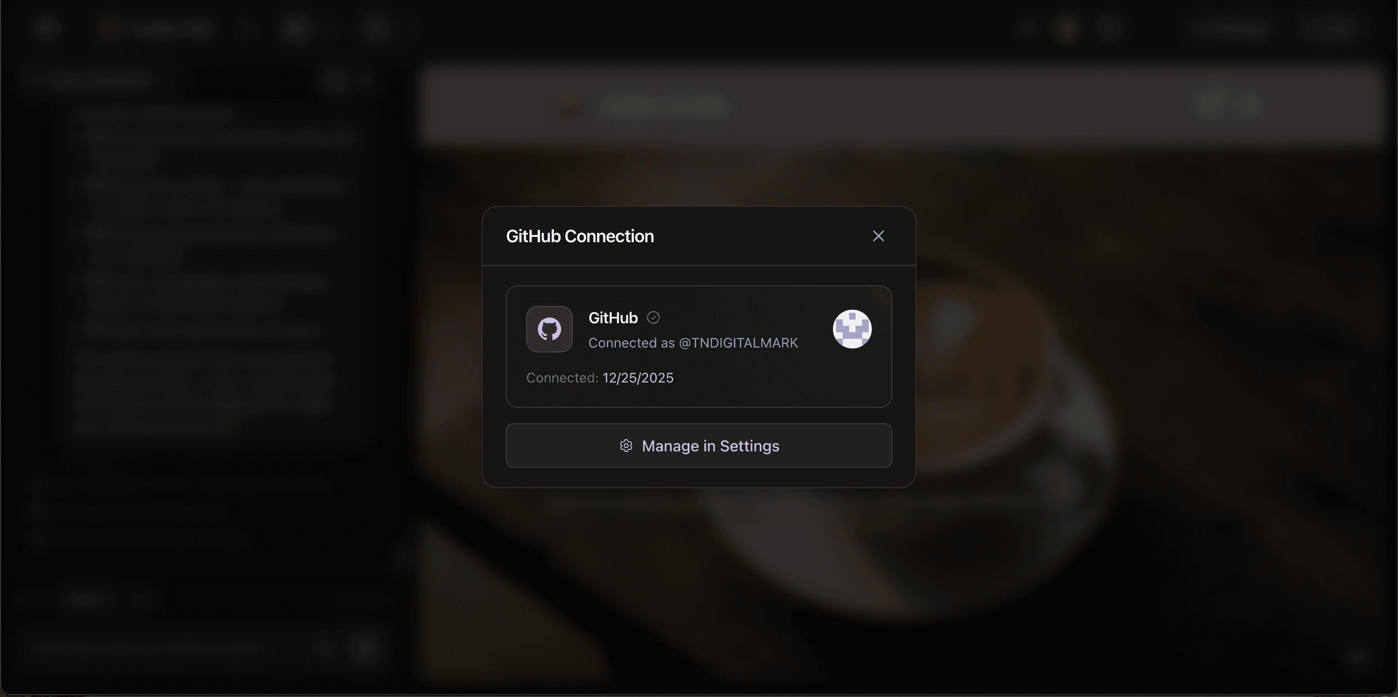 GitHub Connection dialog showing a connected GitHub account in Zylo