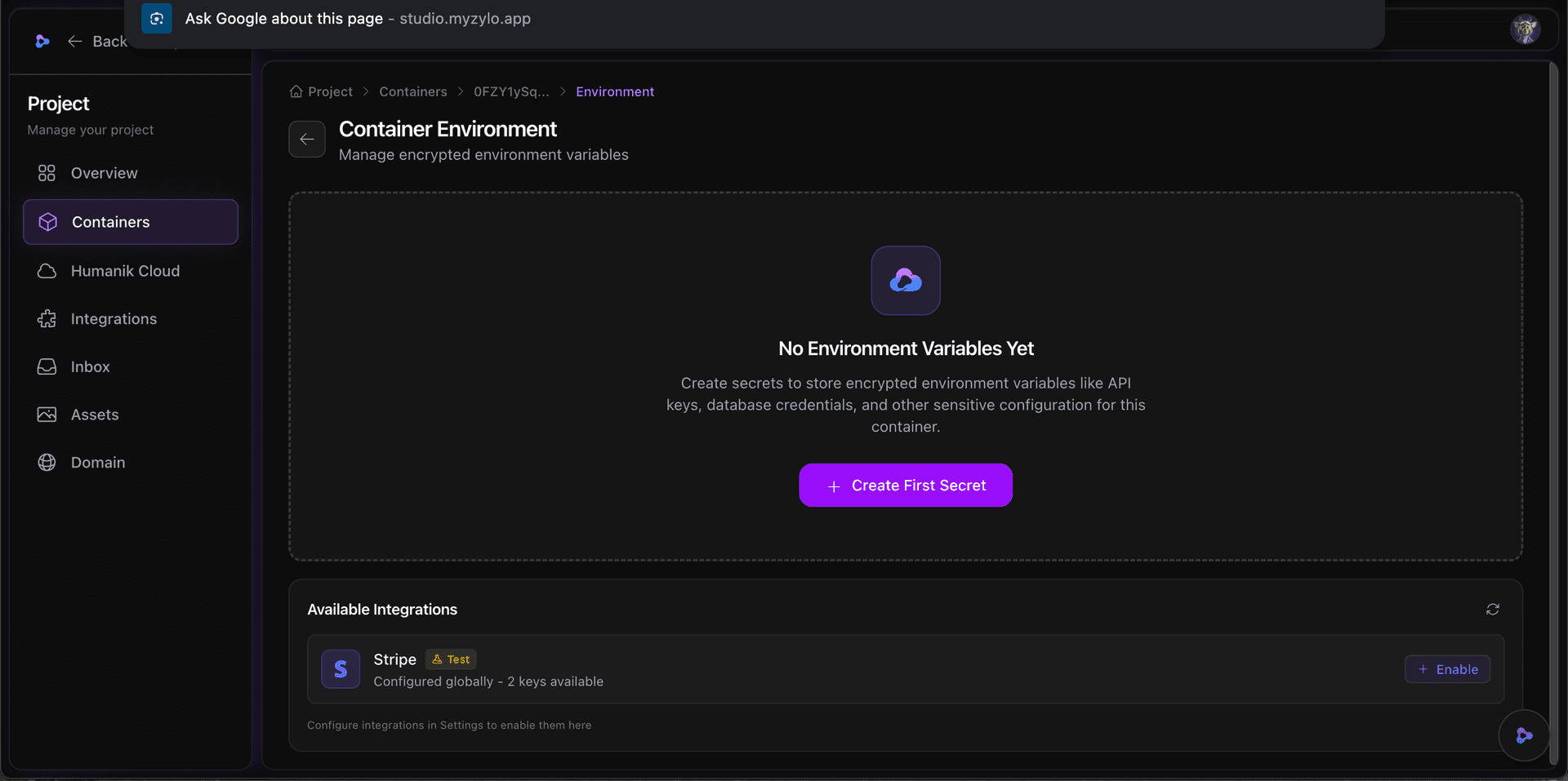 Encrypted environment variables per container