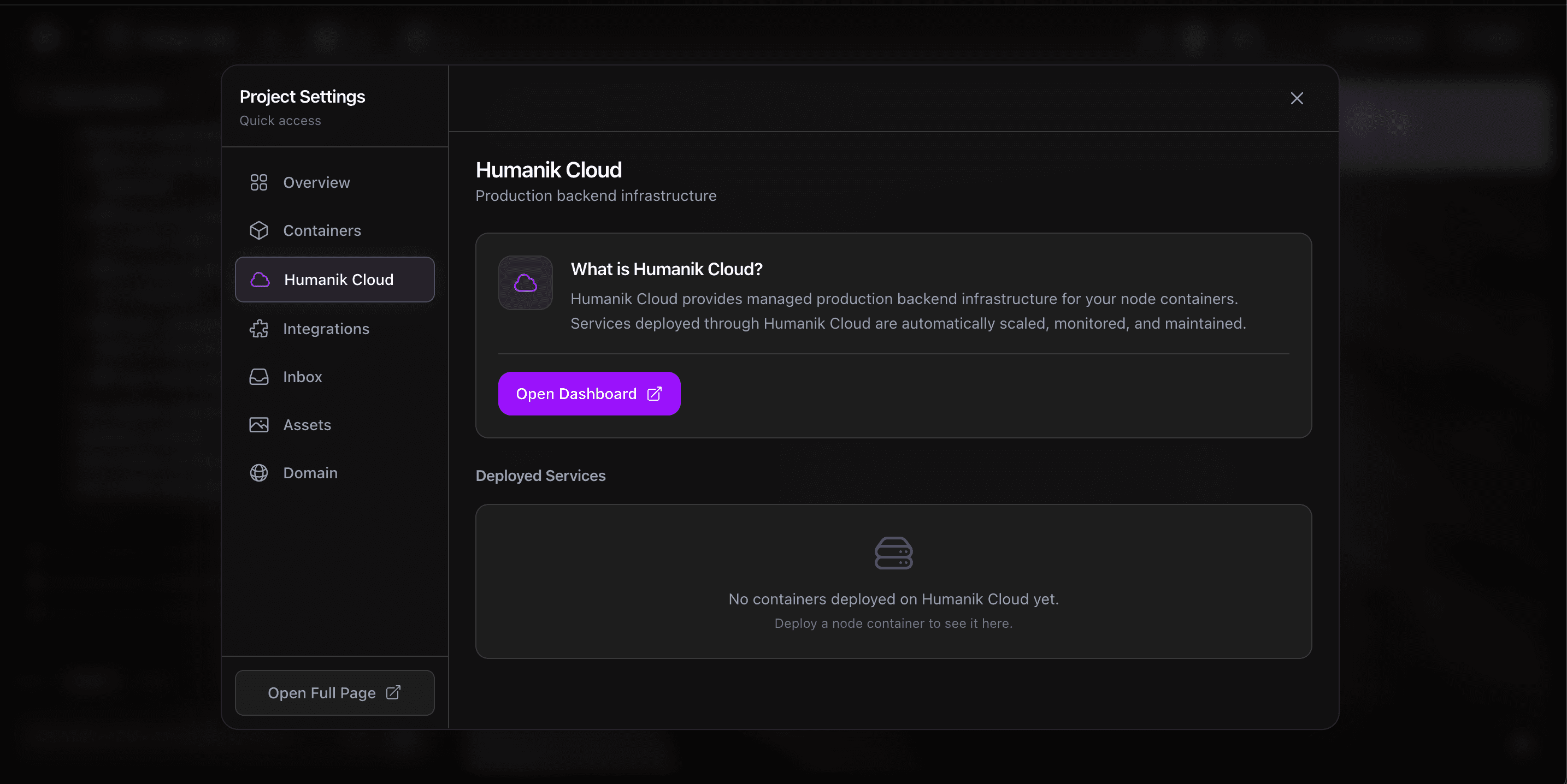 HumanikCloud settings panel for managed backend infrastructure deployment