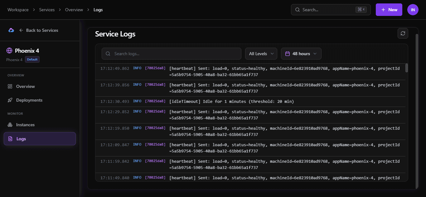 Phoenix service logs in HumanikCloud dashboard